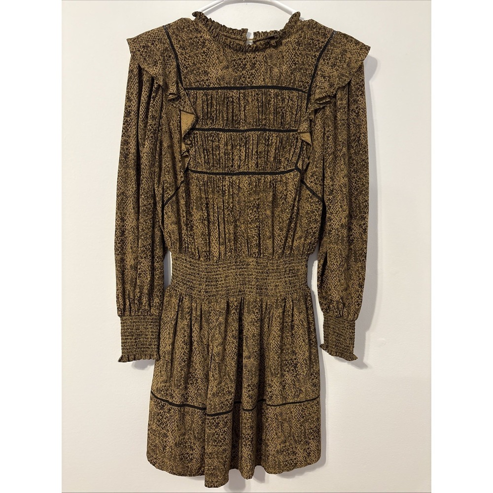 Rails Faren Sepia Python Print Mini Dress XS Smocked Ruffle Long Sleeve NWT